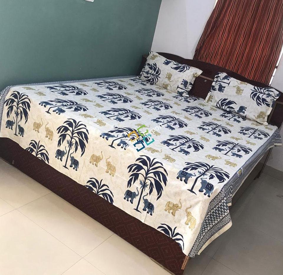 Jaipuri Elephant Tree Printed Cotton Double Bedsheet / Bedspread with Two Pillow Covers - Image 4