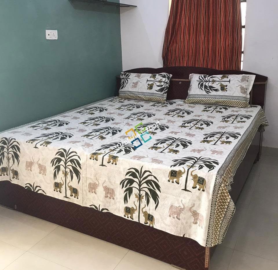 Jaipuri Elephant Tree Printed Cotton Double Bedsheet / Bedspread with Two Pillow Covers - Image 5