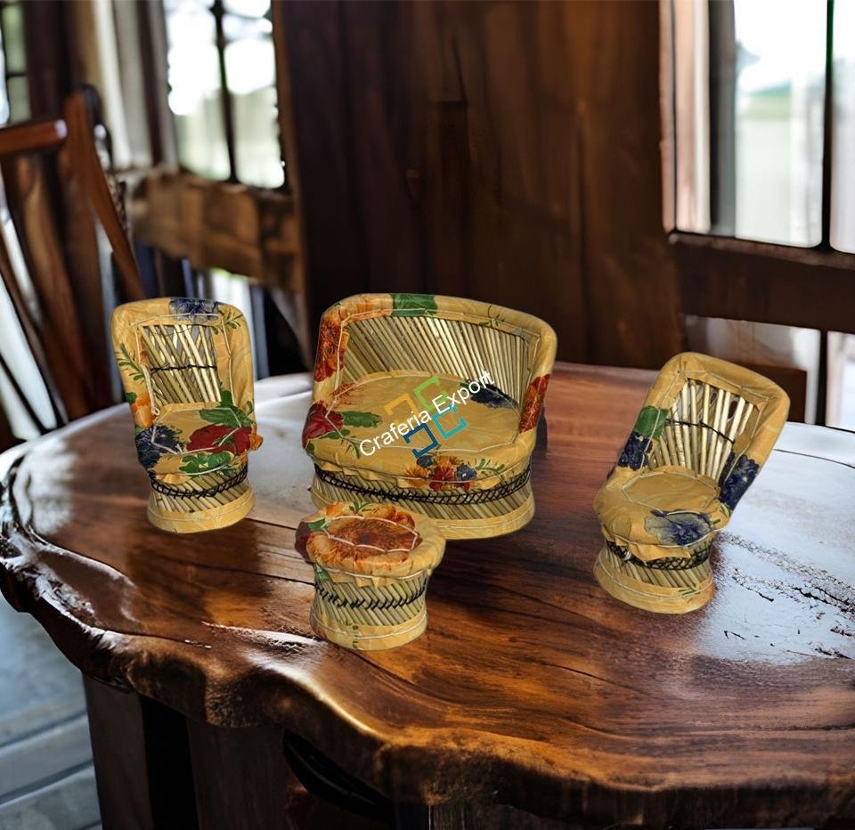 Bamboo Miniature Eco-Friendly Kids Sofa Set Toy for Playing | Decoration Sofa Set | Bamboo Toys Set Mudha chair table set for Showpieces (Set of 4)