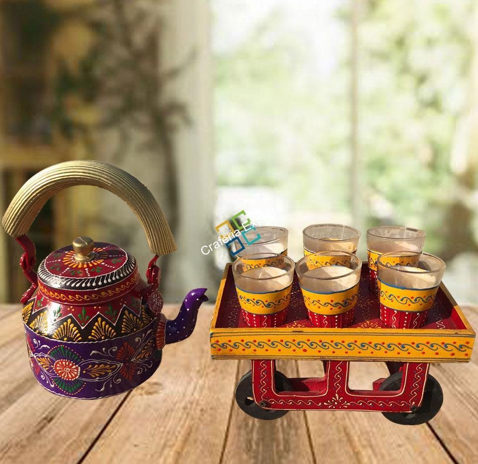 Set of Traditional Stlye Kettle(ketli) With Moving Tray and 6 Glasses