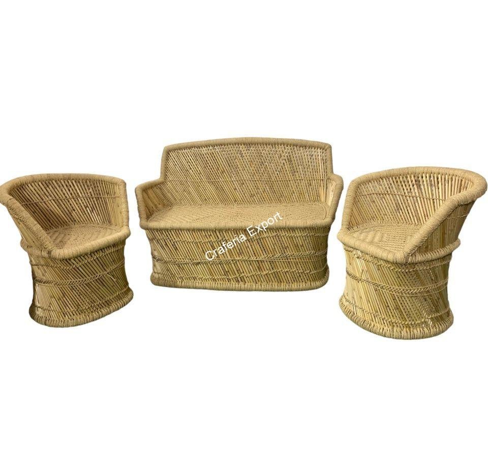 3 seater with bar shaped bamboo dining chairs furniture set of 3 for indoor outdoor - Image 3