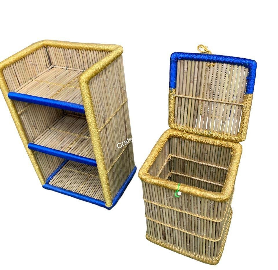 Eco-friendly bamboo cane laundry basket and bamboo rack shelf combo set - Image 2