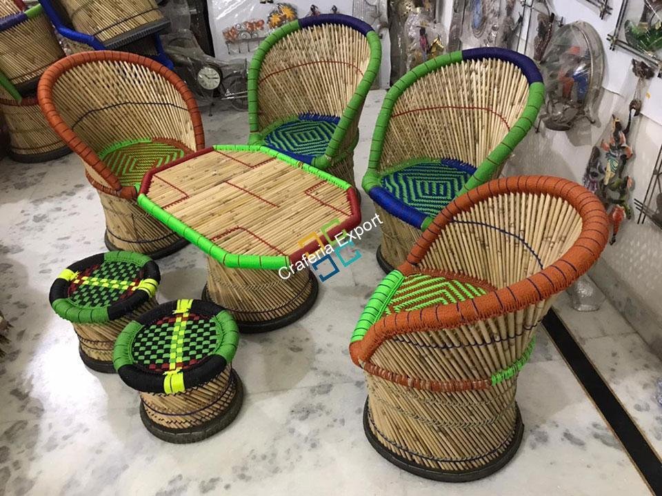 Bamboo Mudha /Mudda Large Chairs Stools with Table (Set of 7) - Image 3
