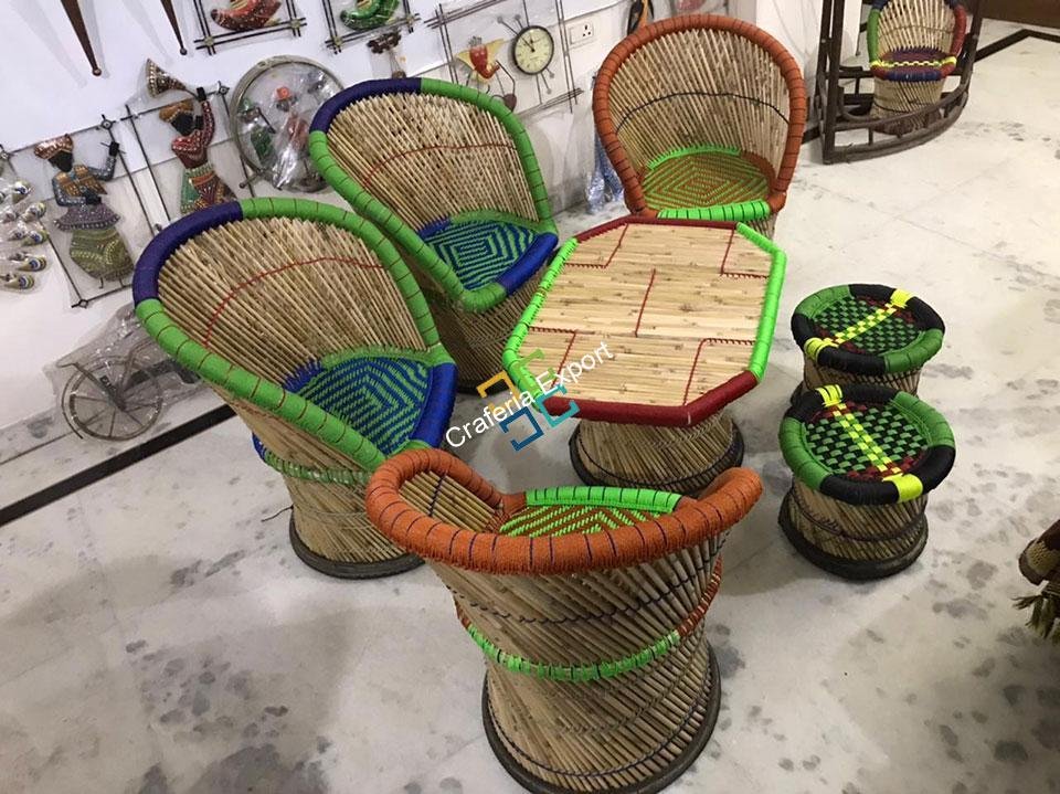 Bamboo Mudha /Mudda Large Chairs Stools with Table (Set of 7) - Image 2