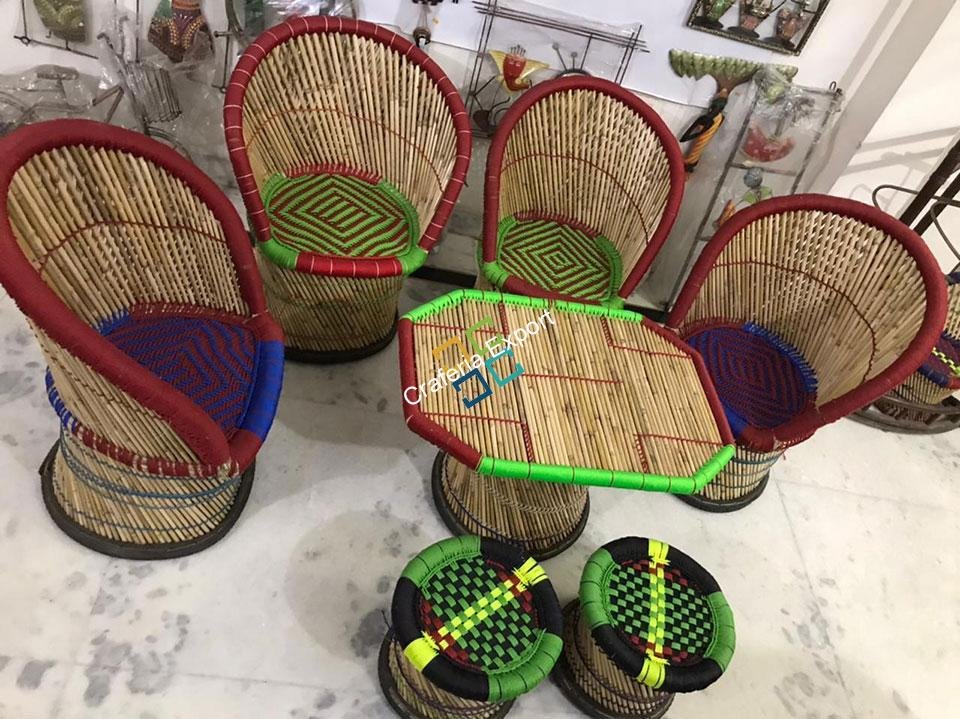 Bamboo Mudha /Mudda Large Chairs Stools with Table (Set of 7) - Image 5