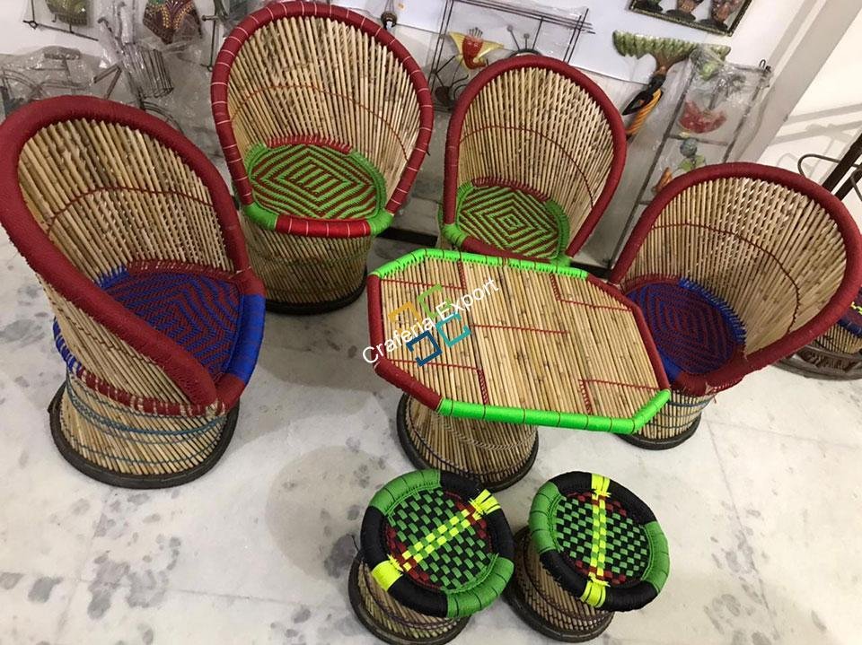 Bamboo Mudha /Mudda Large Chairs Stools with Table (Set of 7) - Image 4