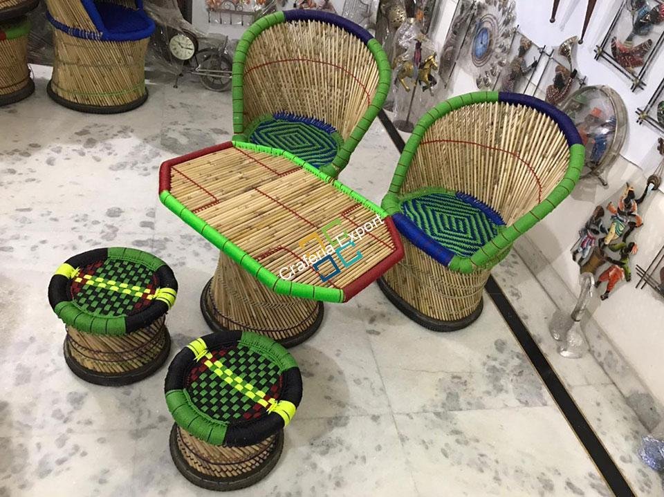 Handicraft Bamboo Mudha Large Chairs, Mudda With Table (Set of 5) - Image 2