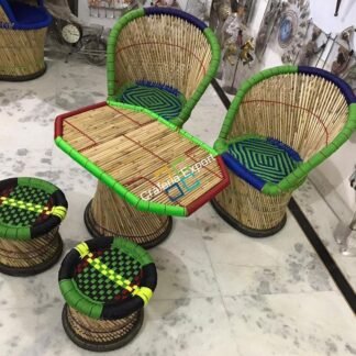 Handicraft Bamboo Mudha Large Chairs, Mudda With Table (Set of 5)