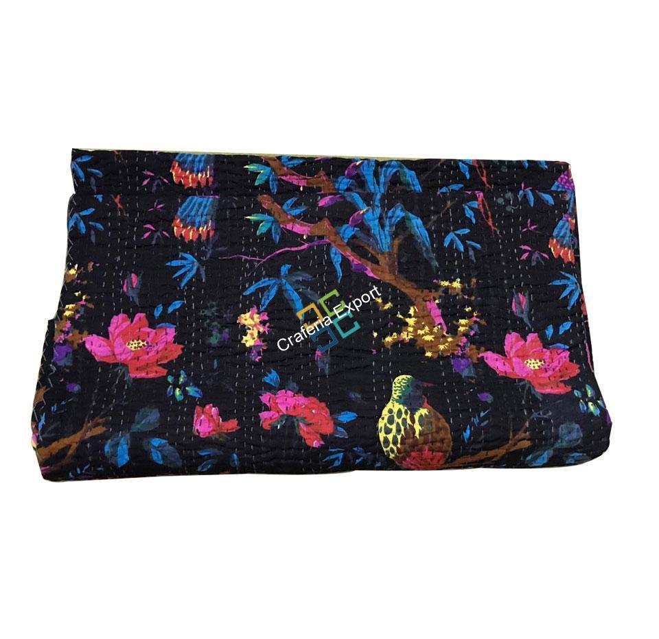 Handmade Bird Print Double Bed Kantha Quilt/ Bedspread/Indian Kantha Throw / Indian Cotton Kantha Quilts, 100% cotton, 220 X 270 cms - Image 4