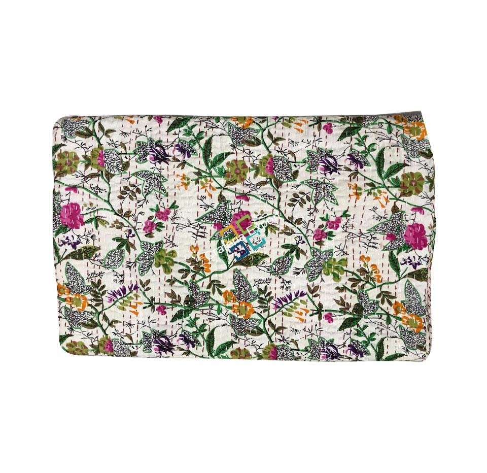 Handmade Flower Print Double Bed Kantha Quilt, Kantha Bedspread, Indian Kantha Throw, Indian Cotton Kantha Quilts, 100% cotton, 220 X 270 Inches - Image 3