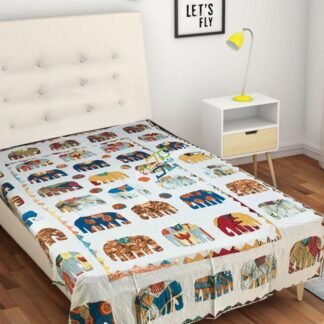 Colourful Elephant Patch Work Jaipuri Quilt/ Dohar/ Razai, 100% Cotton single Bed Bedspread