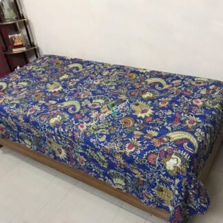 Flower Print Blue Kantha Quilt/ Dohar/ Razai, 100% Cotton Single Bed AC Quilt