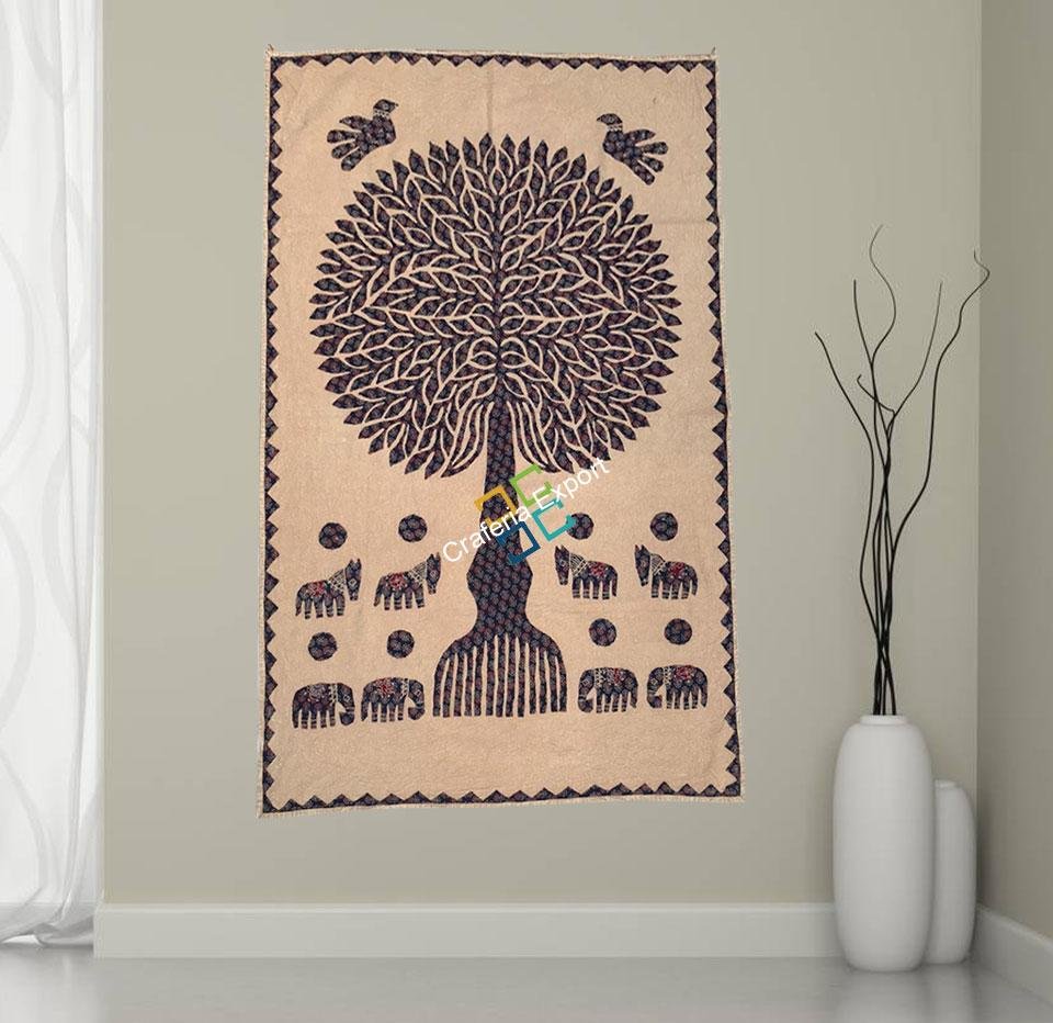 Cotton Wall Hanging for Interior Decor with Banyan Tree Printed-Brown