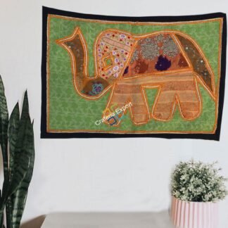 Elephant Embroidery Work Jaipuri Table Runner/ Wall Hanging-Maize
