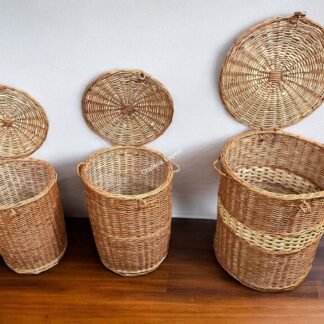 Rattan Wicker Laundry Basket / Cane Storage Round Baskets In Brown Color Set Of 3