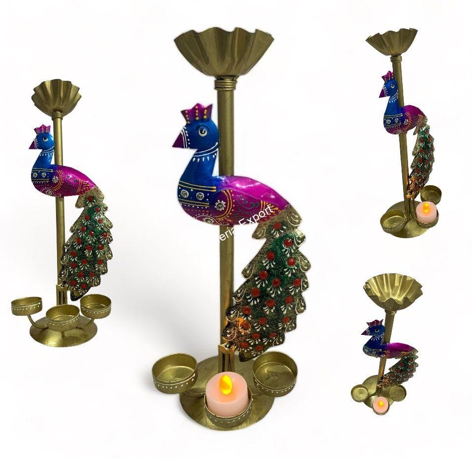 Iron Peacock Tealight Holder Cum Pooja Stand for Pooja Room,Home Decor Multi Color - Image 3
