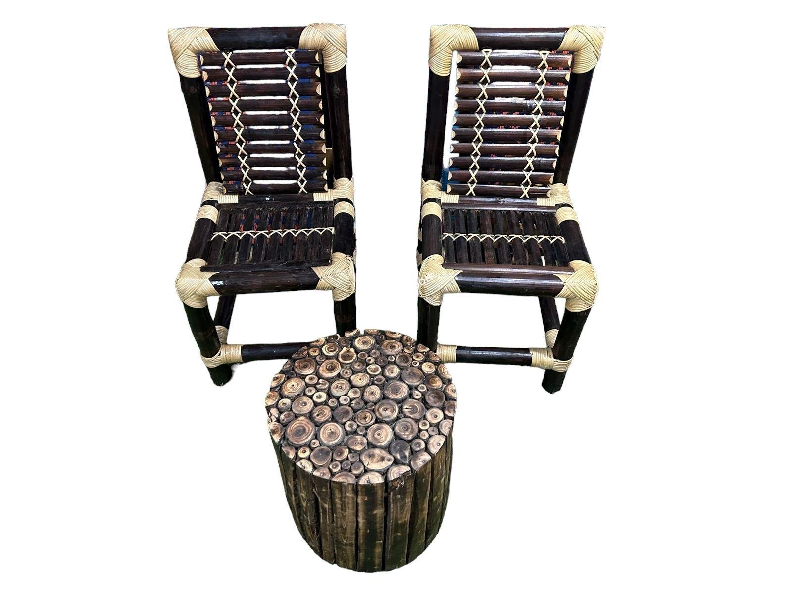 Traditional Style Bamboo Chairs With Wooden Round Shaped Coffee Table Stool - Image 2