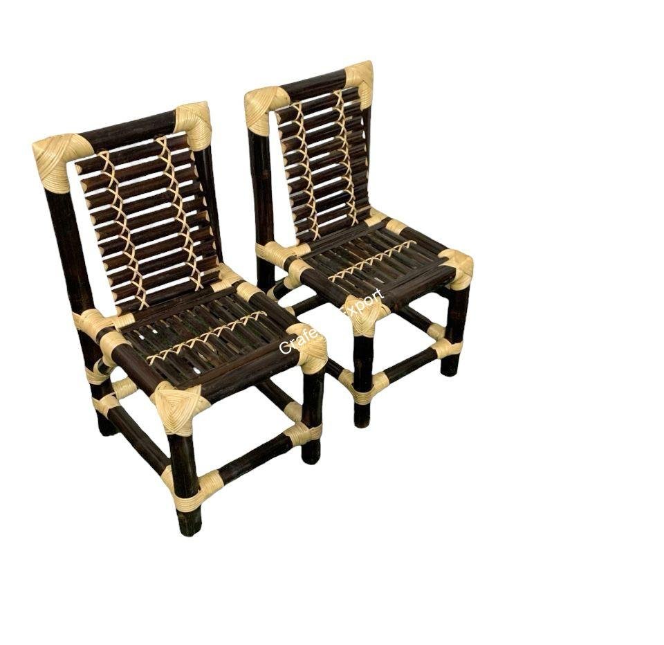 Traditional Style Bamboo Chairs With Wooden Round Shaped Coffee Table Stool - Image 3