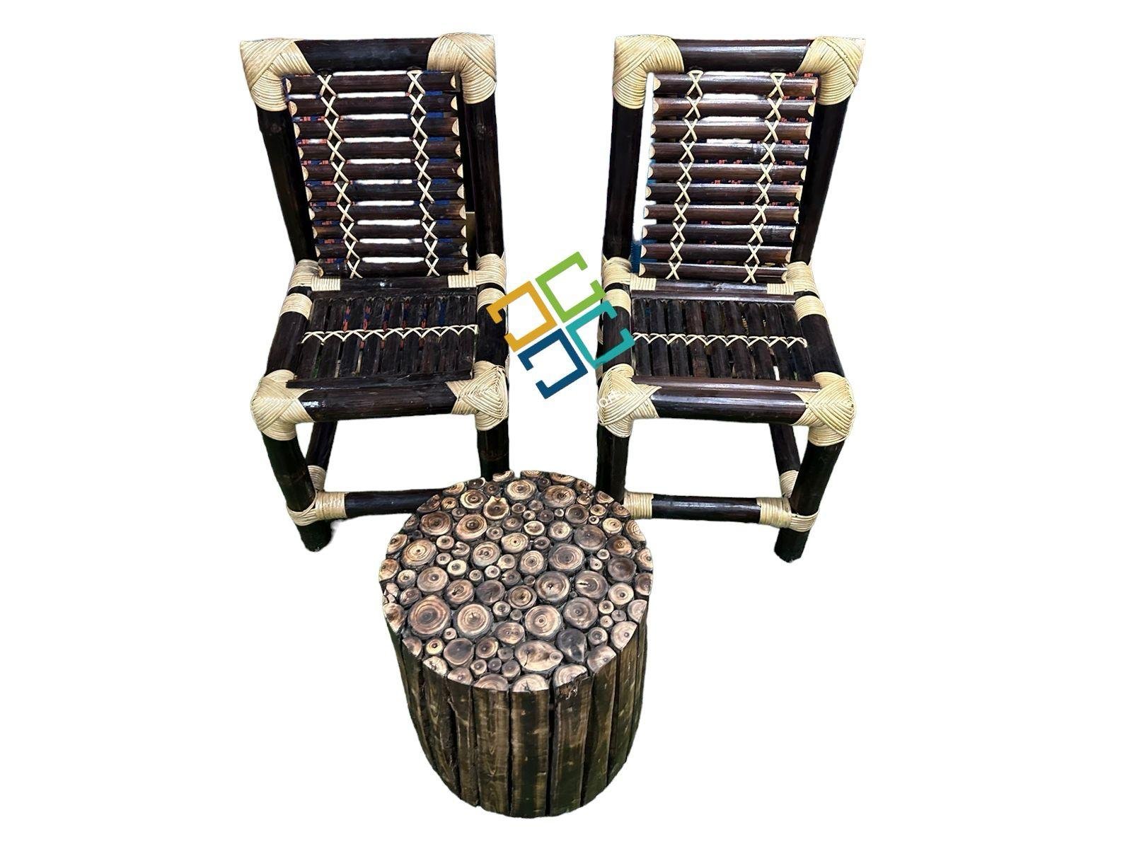 Traditional Style Bamboo Chairs With Wooden Round Shaped Coffee Table Stool - Image 4