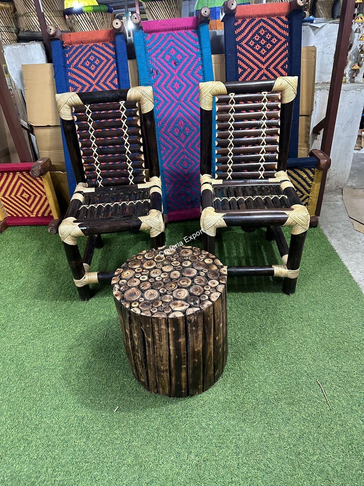 Traditional Style Bamboo Chairs With Wooden Round Shaped Coffee Table Stool