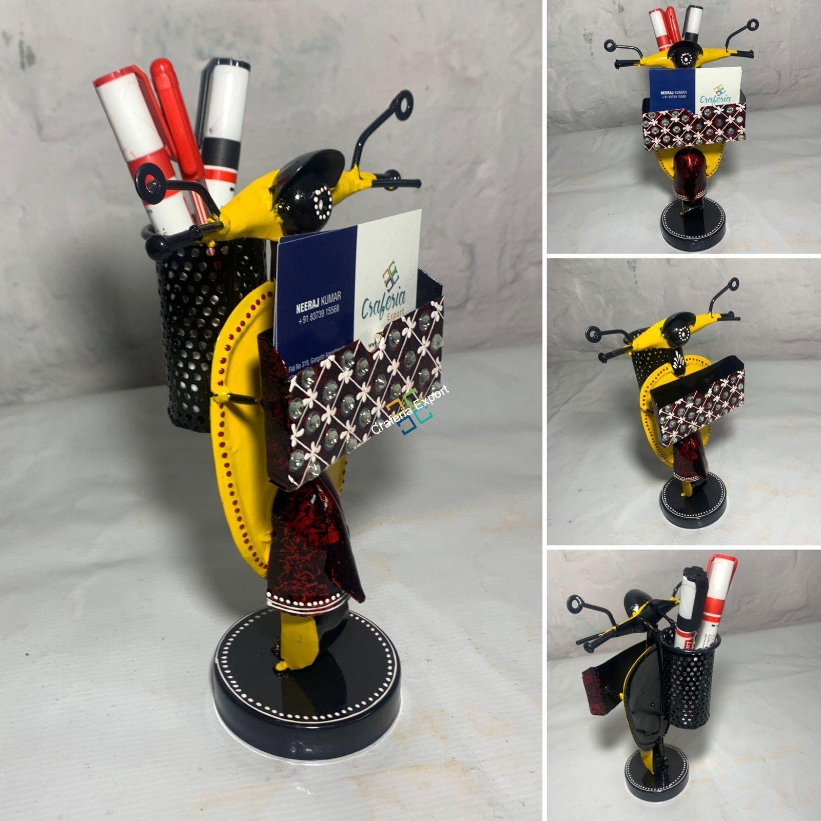 Metal Handmade Scooter Shaped Pen Pencil /Card Holder Table Top Decor Showpiece For Home, Office Use -Yellow Color - Image 3