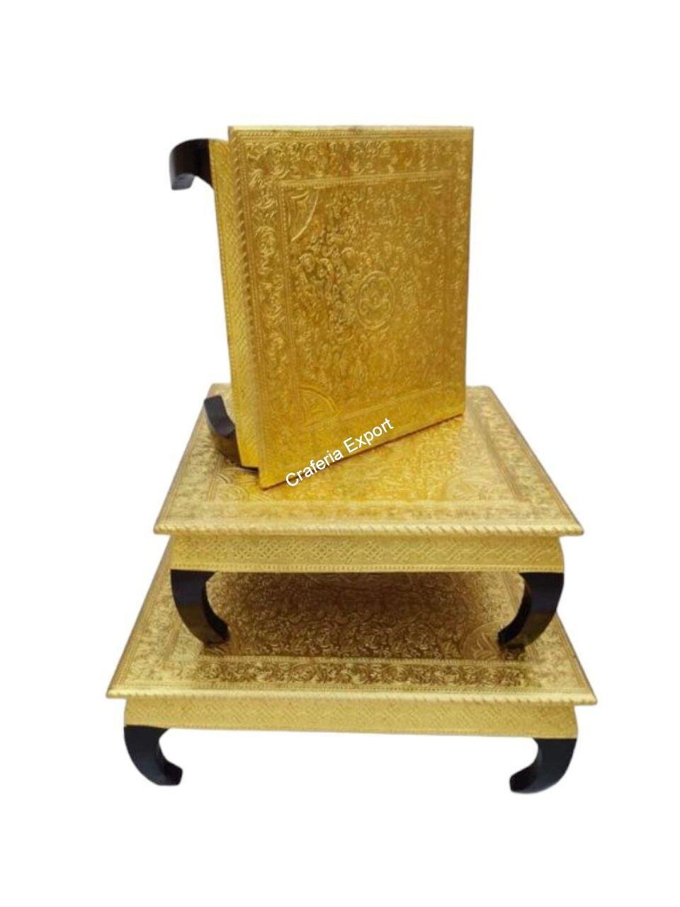 Golden Wooden Chowki Set of 3 with Brass Meenakari Work - Image 2