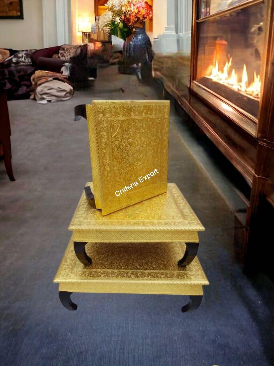 Golden Wooden Chowki Set of 3 with Brass Meenakari Work