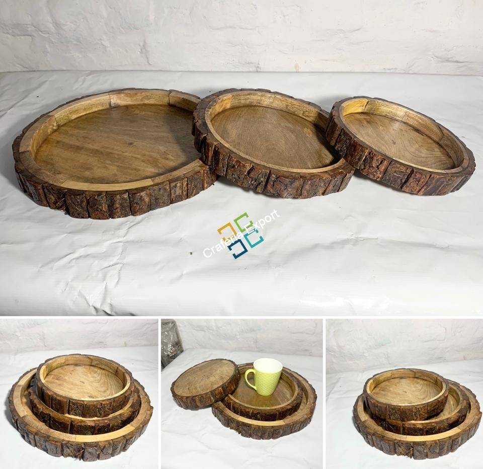 Wooden Round Serving Trays (Set of 3) | Bakkal Round Stack able Platters for Coffee Tea Tables Serving Snacks - Image 7