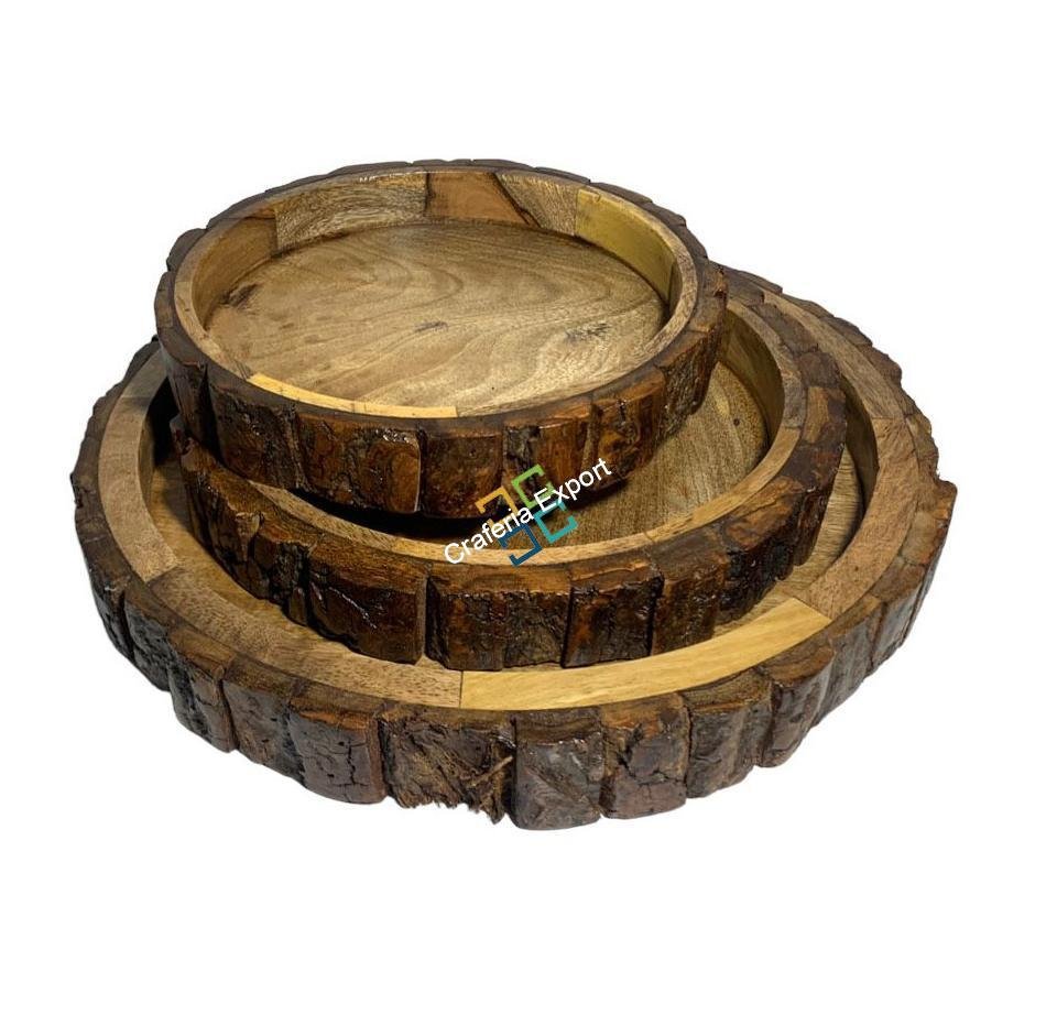 Wooden Round Serving Trays (Set of 3) | Bakkal Round Stack able Platters for Coffee Tea Tables Serving Snacks