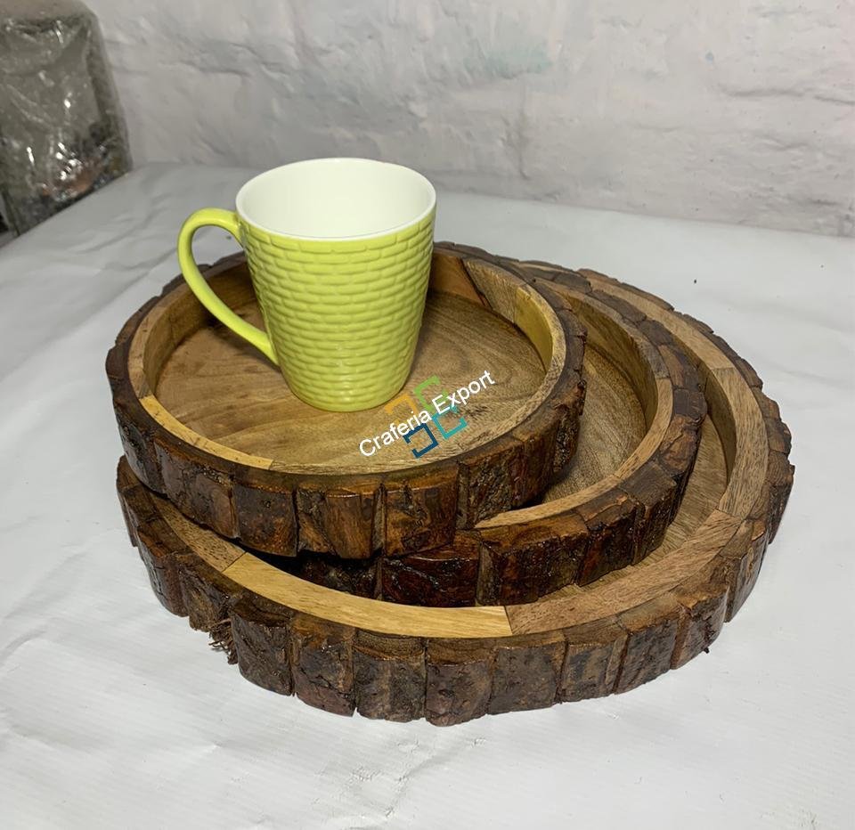 Wooden Round Serving Trays (Set of 3) | Bakkal Round Stack able Platters for Coffee Tea Tables Serving Snacks - Image 6