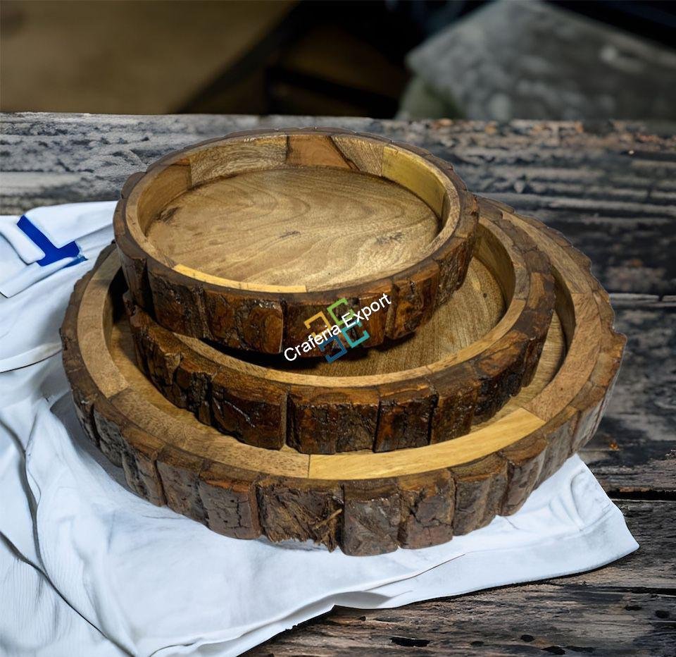 Wooden Round Serving Trays (Set of 3) | Bakkal Round Stack able Platters for Coffee Tea Tables Serving Snacks - Image 5