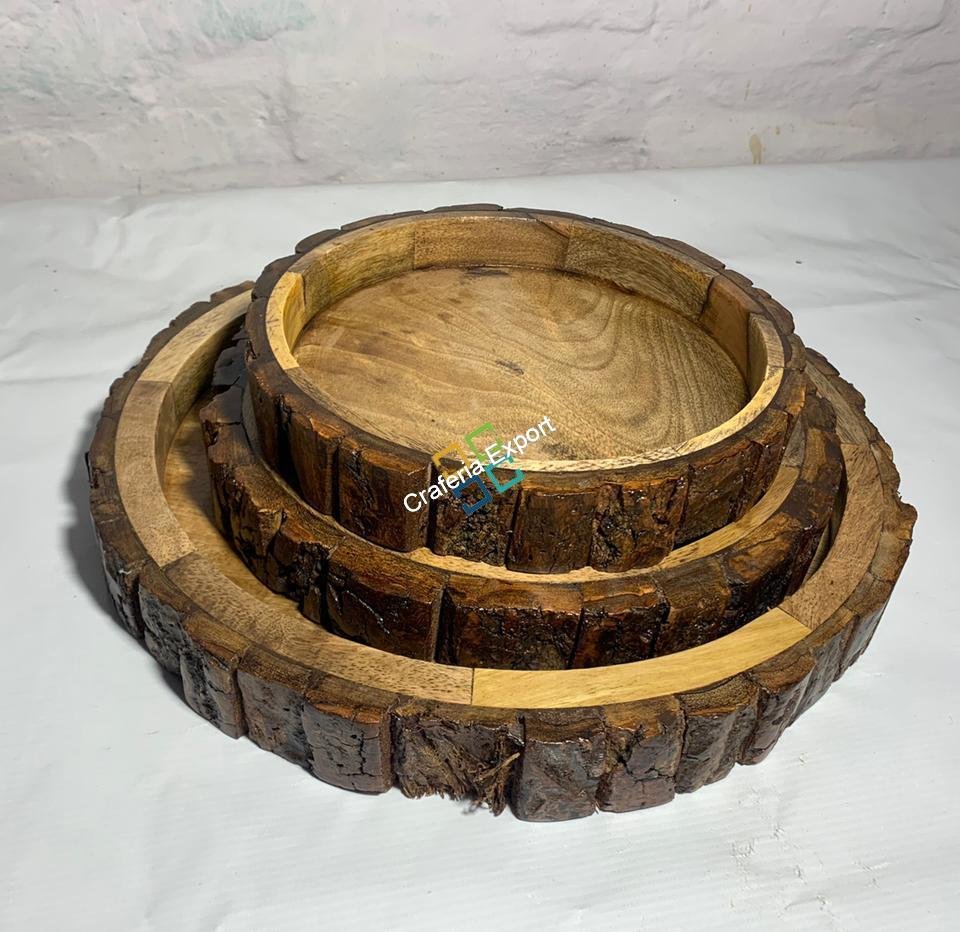 Wooden Round Serving Trays (Set of 3) | Bakkal Round Stack able Platters for Coffee Tea Tables Serving Snacks - Image 4