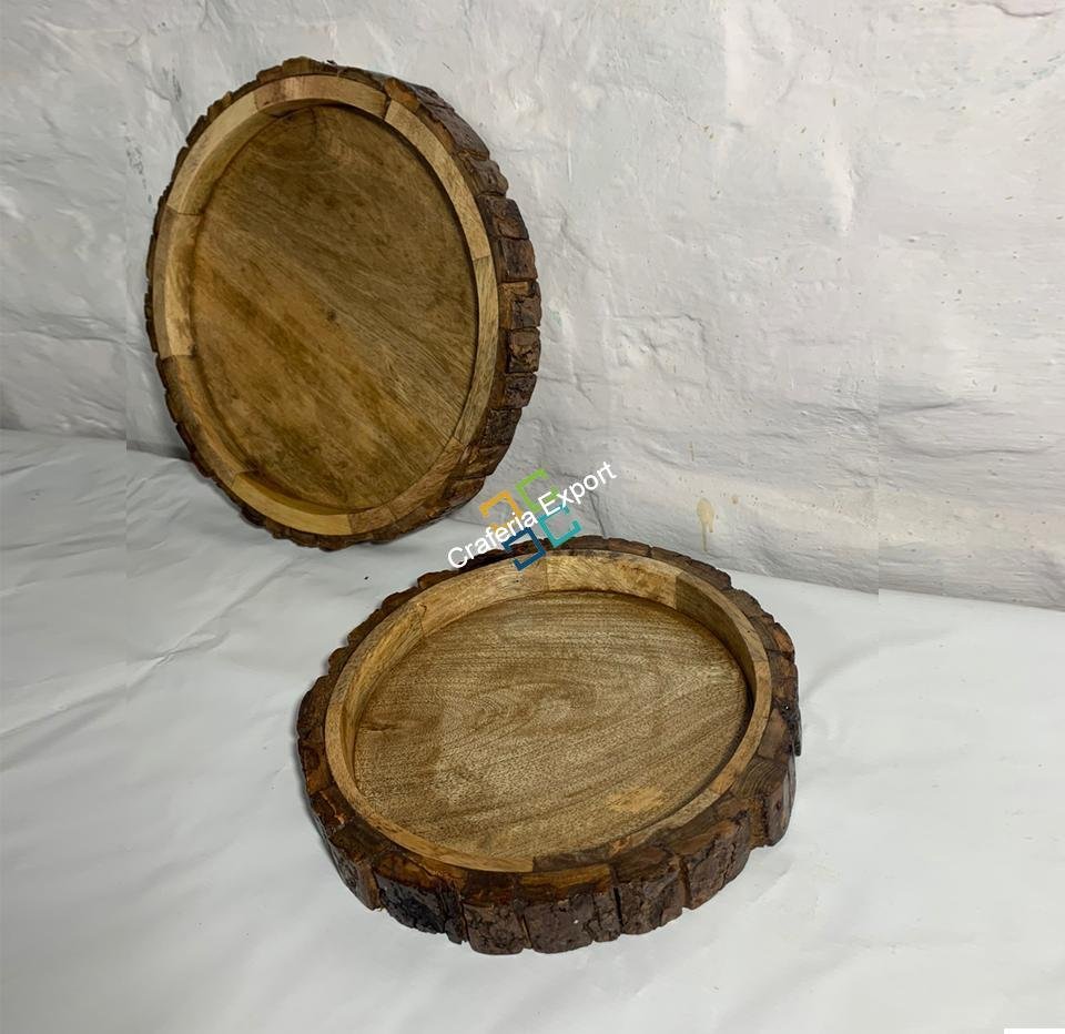 Wooden Round Serving Trays (Set of 3) | Bakkal Round Stack able Platters for Coffee Tea Tables Serving Snacks - Image 3