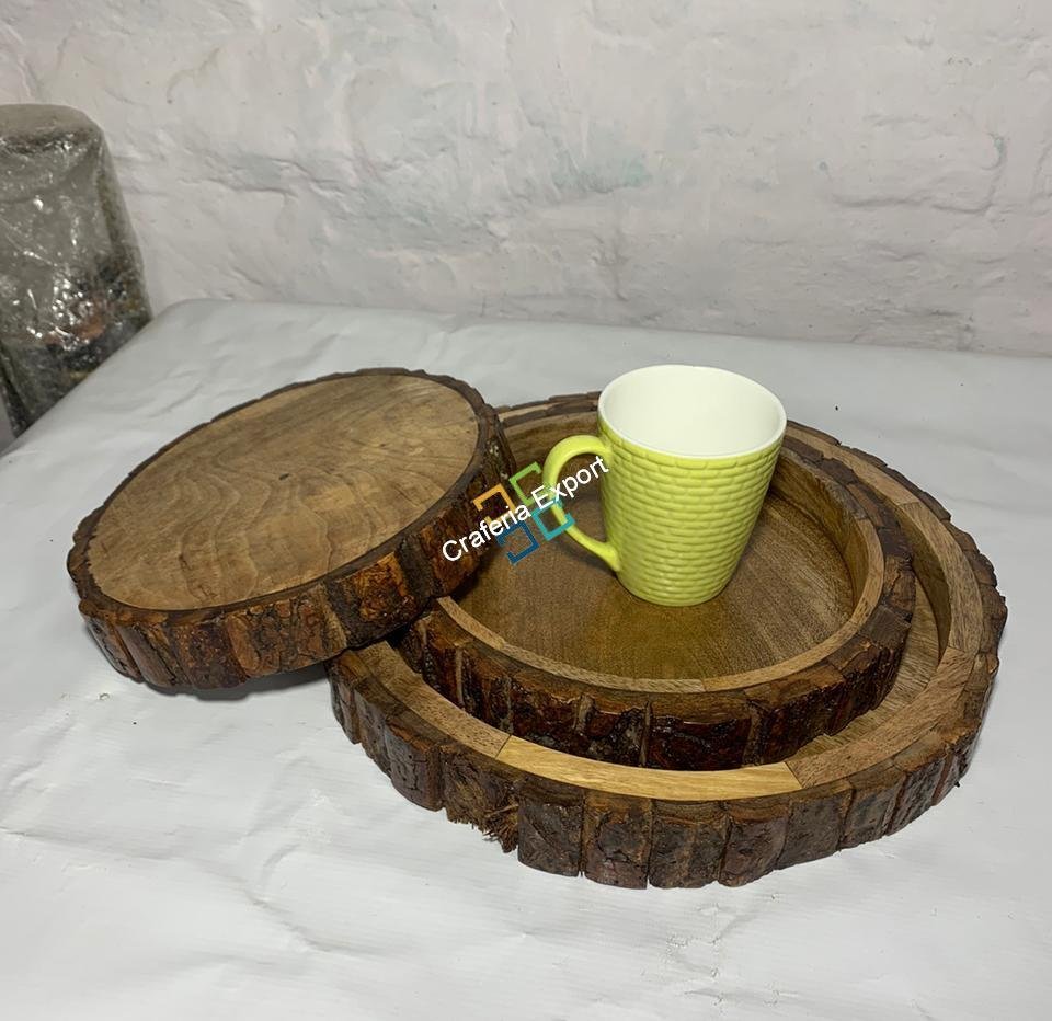 Wooden Round Serving Trays (Set of 3) | Bakkal Round Stack able Platters for Coffee Tea Tables Serving Snacks - Image 2
