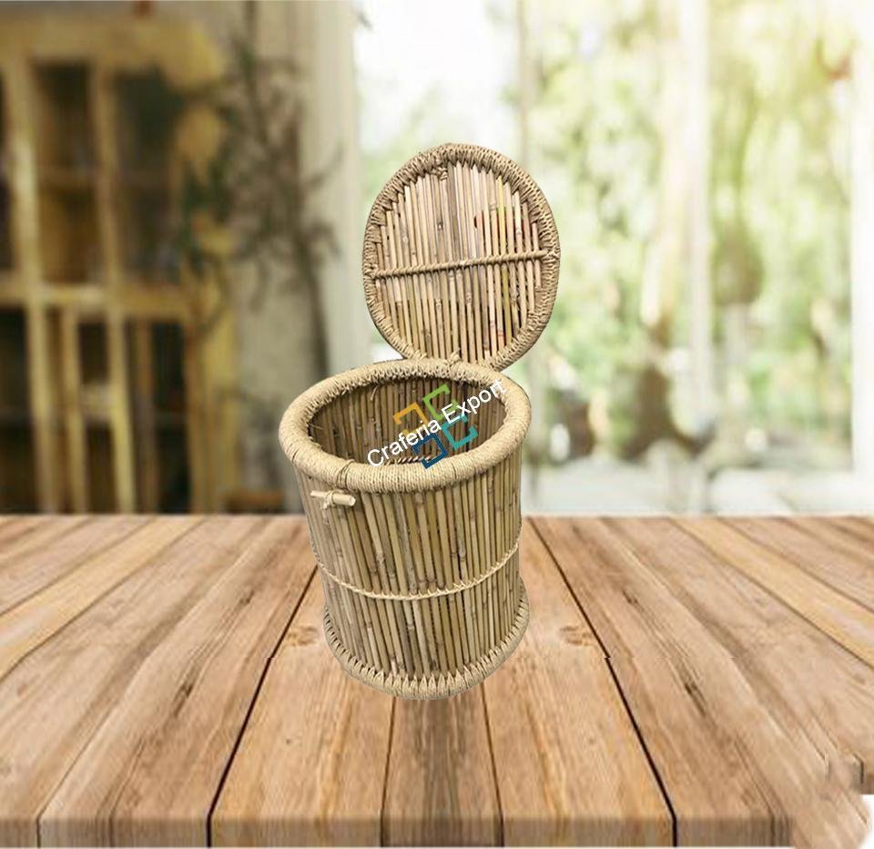 Natural Eco-friendly Handmade Bamboo Basket Storage Box in Round Shape with Lid - Image 3