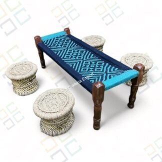 Wooden Bench Charpai with 4 Mudda Stools for living room, balcony, garden, cafe & restaurants