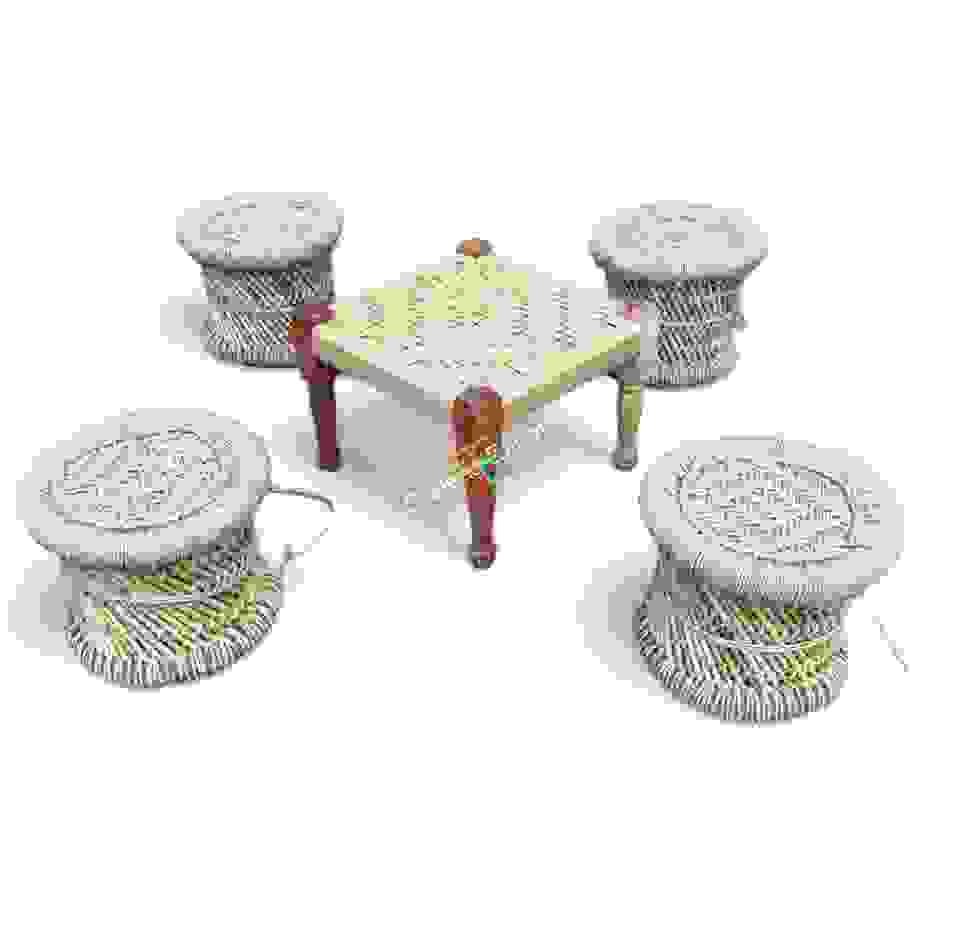 Handmade Bamboo Mudda Stools With Wooden Square Shaped Pidha furniture set for Indoor Outdoor - Image 3