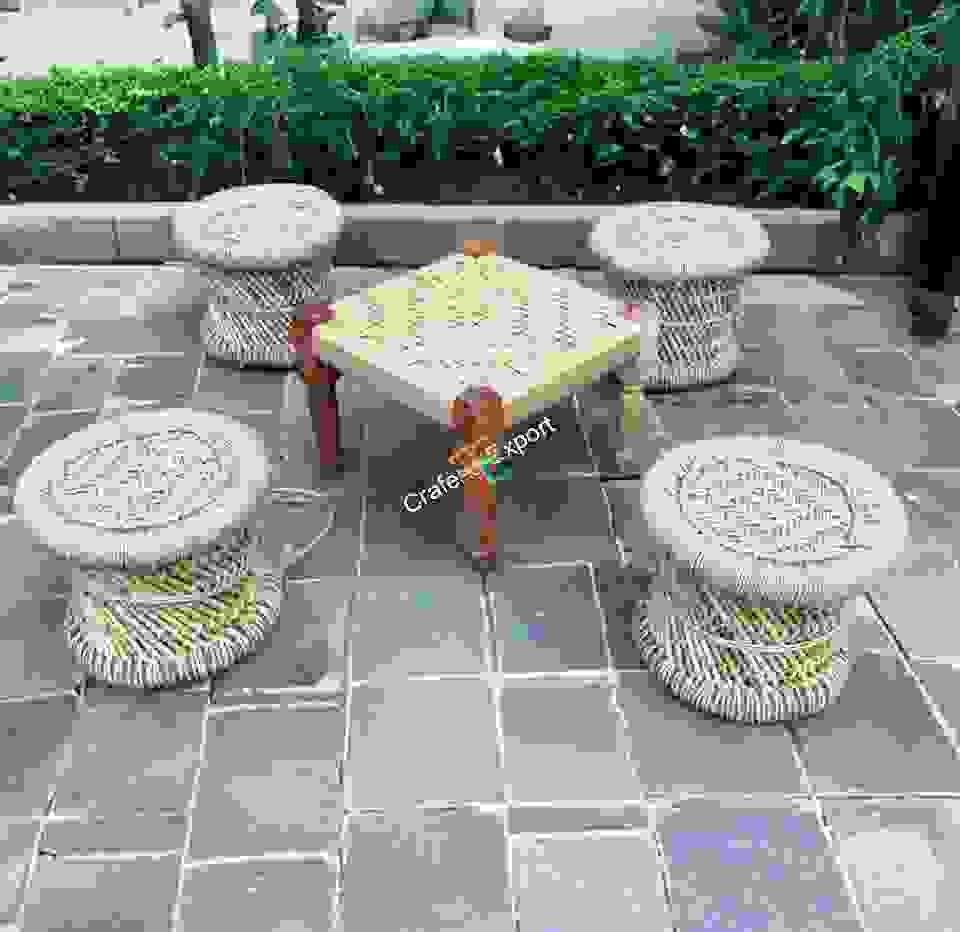 Handmade Bamboo Mudda Stools With Wooden Square Shaped Pidha furniture set for Indoor Outdoor