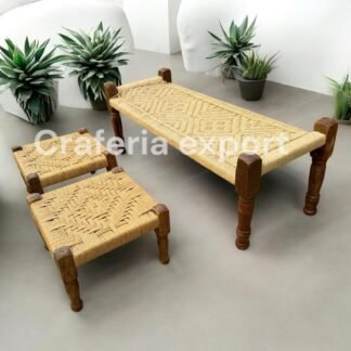 Natural  2 seater bench with pidha set of 2 for balcony /living room/cafe/restaurant