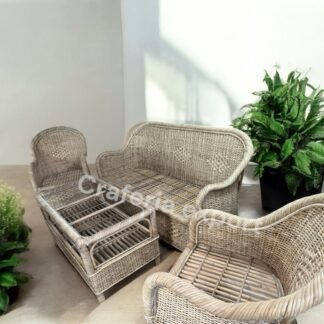 Full Bunai Cane Sofa Set Furniture for Indoor Outdoor | Three Seater Sofa with Sofa Chairs Table Set