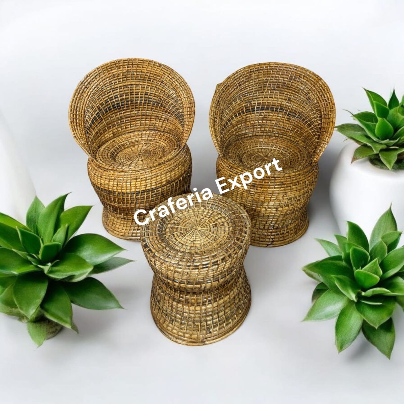 Cane Rattan Bunai Chairs Stool set | Bamboo Bunai Chair stools outdoor indoor / Living room / Balcony / Office, Garden, Resort - Image 2