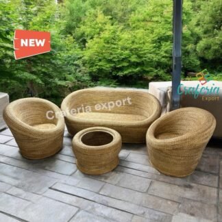 Designer Cane Apple Three seater Sofa with Chair table set | Bamboo Rattan Apple five Seater Sofa chair table furniture set | Cane Buani 3 seater sofa chairs table set for garden, living room, cafe bar hotel