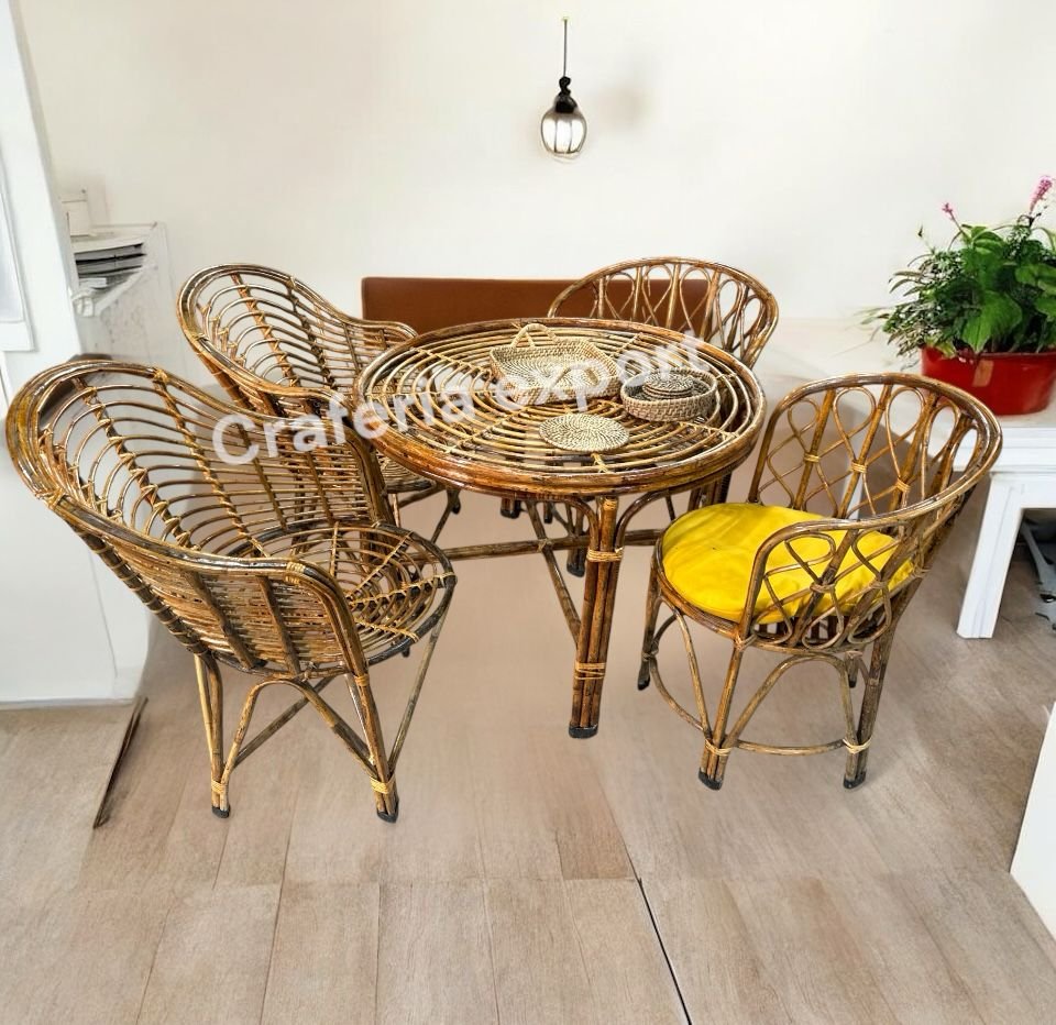 Cane Back-mudda Chairs Table Set | Bamboo Arm Rest backmuda Chairs with round XL table set for indoor outdoor / Cafe / Hotels / Restaurants/ Living Room / Garden Balcony