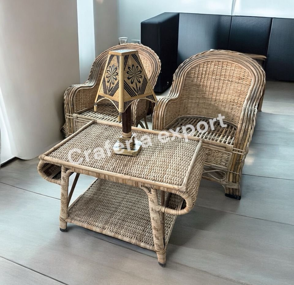 Cane Sofa chairs with coffee table set furniture | Bamboo Bunai Sofa chairs set for indoor outdoor sitting /Cane Apple Chairs set ( set of 3) - Image 3