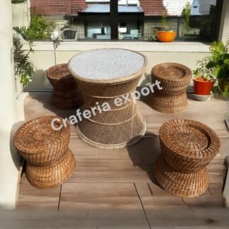 Cane Bamboo Coffee table stools set for Indoor Outdoor / Bunai Stools with Round Tall Table Set Furniture for Restaurant Cafe Hotel Use ( set of 5)