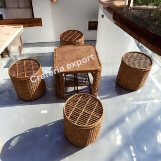 Bamboo Cane Round Stool / Bunai Sitting stools with table for Balcony / Garden / Coffee Table Set Furniture / Ourdoor Furniture for Restaurant Cafe Hotel Use (Set of 5)
