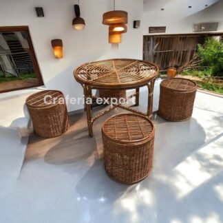 Cane Bamboo Round Bunai Table Set, Coffee Table with Stools Furniture Set for Home, Office, Balcony Sitting /Outdoor Indoor
