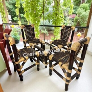 Brown Bamboo Chair Table Set for Restaurant Cafe Hotel /Home - Set of 5 | Dining Chairs Set