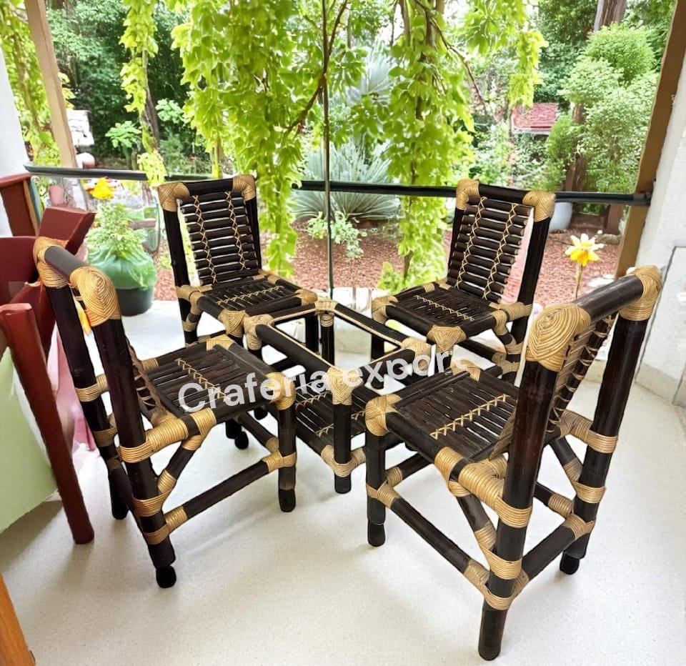 Brown Bamboo Chair Table Set for Restaurant Cafe Hotel /Home - Set of 5 | Dining Chairs Set